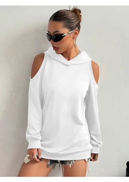 Kadın Uzun Kollu Kapşonlu Omuzlardan Açık Viskon Iki Iplik Bluz fırsatları