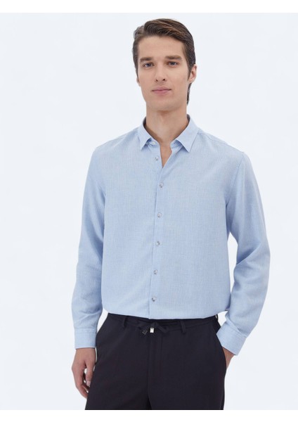 Mavi Düz Regular Fit Dokuma Casual Pamuk Karışımlı Gömlek