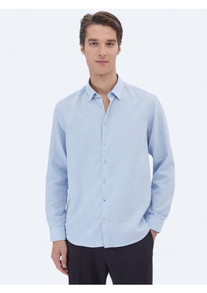 Mavi Düz Regular Fit Dokuma Casual Pamuk Karışımlı Gömlek