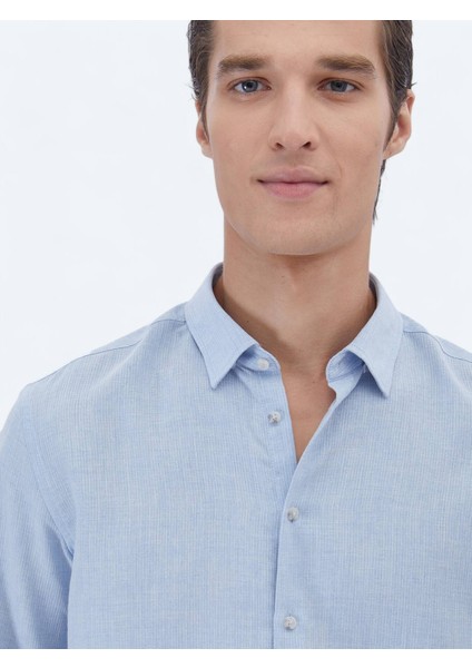 Mavi Düz Regular Fit Dokuma Casual Pamuk Karışımlı Gömlek