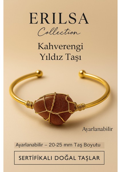Sertifikalı Doğal Kahverengi Yıldız Taşı Ayarlanabilir 24K Altın Kaplama Bileklik 20-25 mm