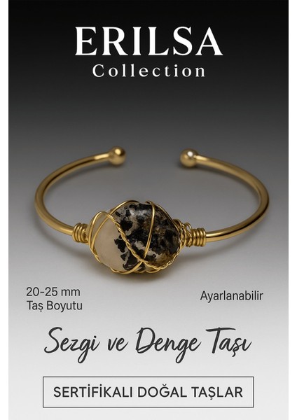 Sertifikalı Doğal Turmalinli Ay Taşı Ayarlanabilir 24K Altın Kaplama Bileklik 20-25 mm