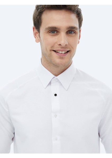 Beyaz Regular Fit Dokuma Klasik Pamuk Karışımlı Gömlek