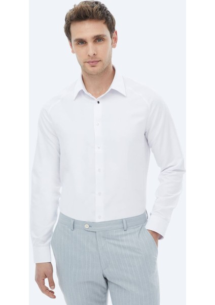 Beyaz Regular Fit Dokuma Klasik Pamuk Karışımlı Gömlek