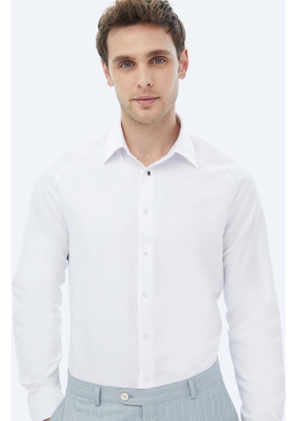 Beyaz Regular Fit Dokuma Klasik Pamuk Karışımlı Gömlek