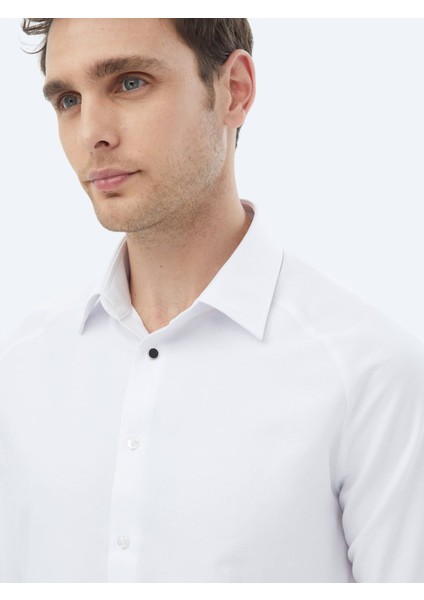 Beyaz Regular Fit Dokuma Klasik Pamuk Karışımlı Gömlek