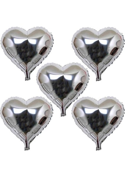 Kalp Şekilli Gümüş Renk Folyo Balon 45 cm 5 Adet - Lisinya