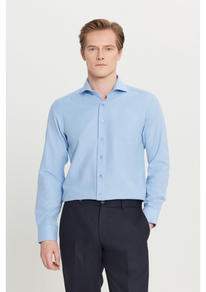 Pamuklu Oxford Tailored Slim Fit Dar Kesim Küçük Italyan Yaka Armürlü Gömlek
