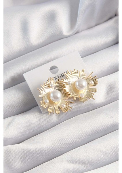 Pirinç Gold Renk Zirkon Taşlı Parlayan Inci Taneleri Küpe - Lisinya