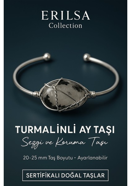 Sertifikalı Doğal Turmalinli Ay Taşı Gümüş Kaplama Ayarlanabilir Bileklik – Sezgi ve Denge