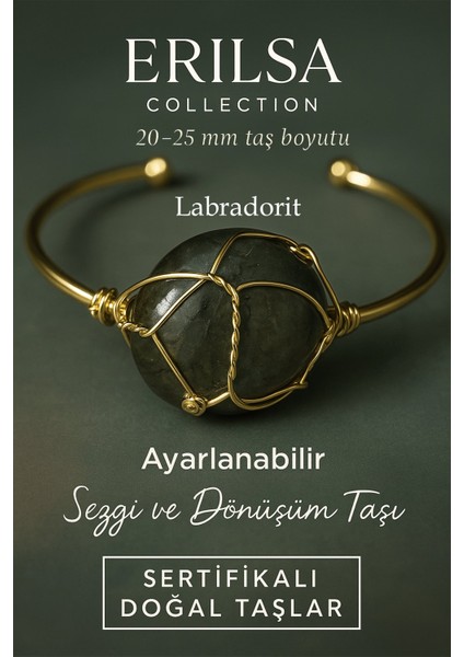 Sertifikalı Doğal Labradorit Taşı Ayarlanabilir 24K Altın Kaplama Bileklik 20-25 mm