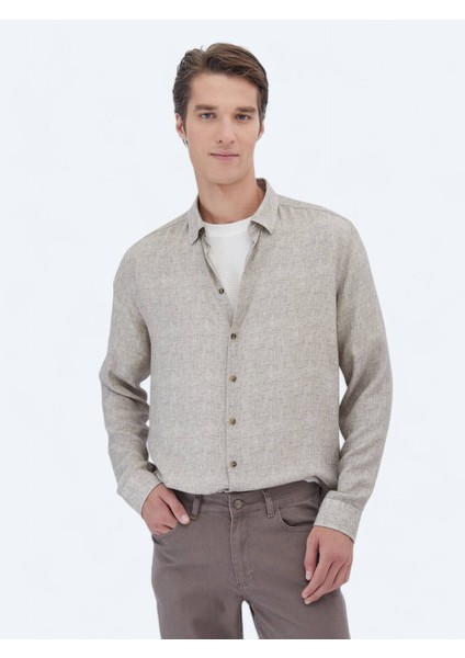 Bej Baskılı Regular Fit Dokuma Casual Gömlek