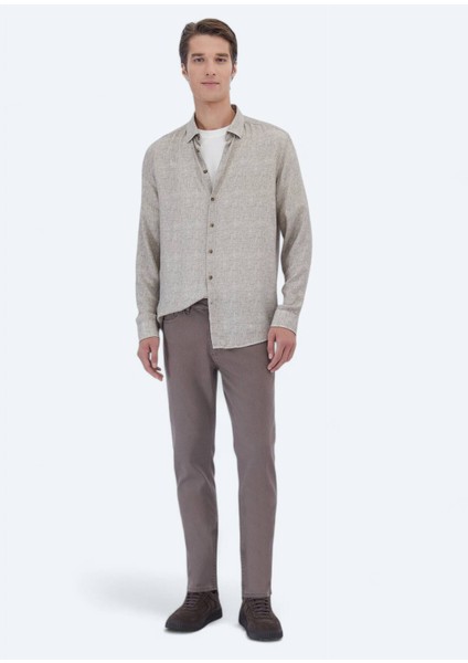 Bej Baskılı Regular Fit Dokuma Casual Gömlek