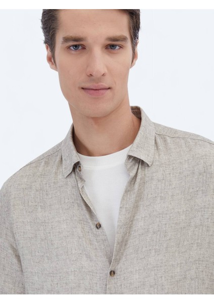 Bej Baskılı Regular Fit Dokuma Casual Gömlek