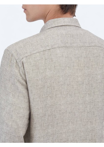 Bej Baskılı Regular Fit Dokuma Casual Gömlek