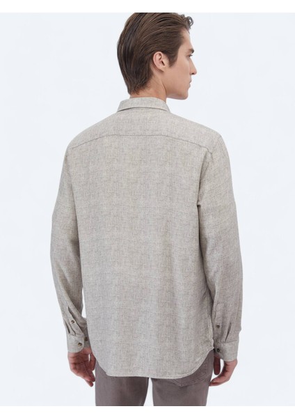 Bej Baskılı Regular Fit Dokuma Casual Gömlek