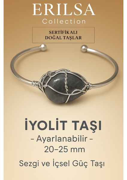 Sertifikalı Doğal Iyolit Taşı Gümüş Kaplama Ayarlanabilir Bileklik – Sezgi ve Içsel Güç