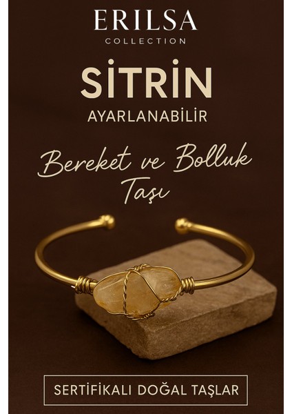 Sertifikalı Ayarlanabilir Sitrin Doğal Taş Bileklik – 24K Altın Kaplama Bereket ve Bolluk
