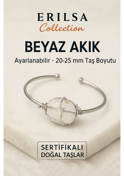 Sertifikalı Doğal Beyaz Akik Taşı Gümüş Kaplama Ayarlanabilir Bileklik – Saflık ve Denge