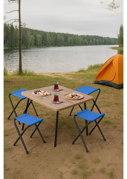 45X60 cm Kamp Sehpası + 4 Adet Mavi Tabure Piknik, Bahçe Balkon Sehpası Katlanır Sehpa-A-4m