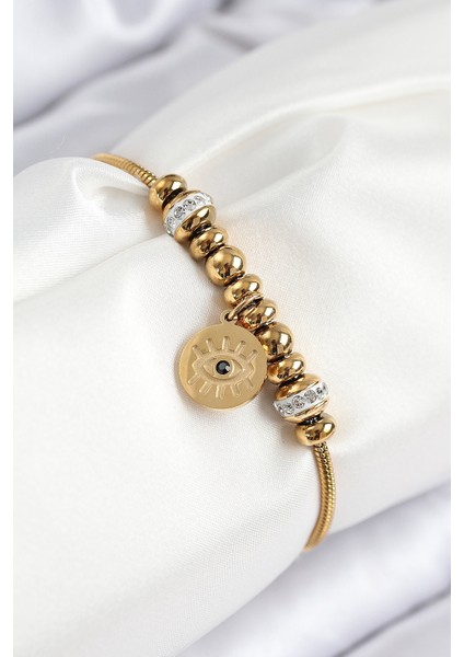 316L Çelik Zirkon Taşlı Göz Charm Model Gold Renk Kadın Bileklik - Lisinya