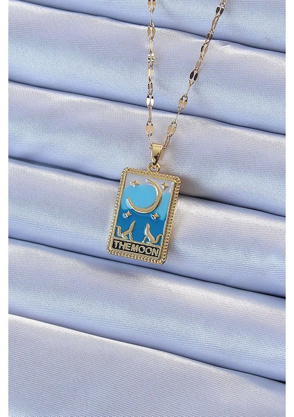 316L Çelik Zincir Altın Renk Mavi Mineli Ay Figür Tarot Kolye - Lisinya