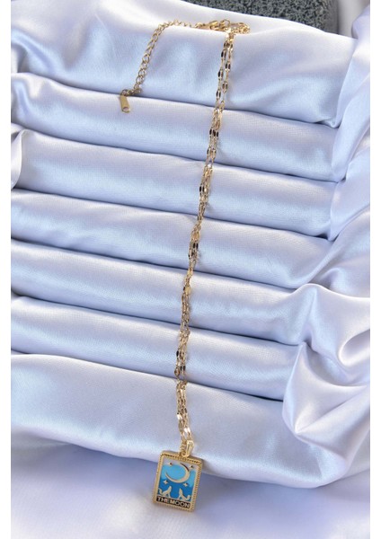 316L Çelik Zincir Altın Renk Mavi Mineli Ay Figür Tarot Kolye - Lisinya fiyatları