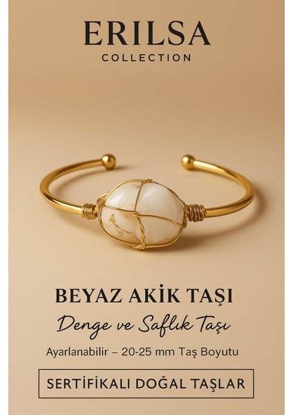 Sertifikalı Doğal Beyaz Akik Taşı Ayarlanabilir 24K Altın Kaplama Bileklik 20-25 mm