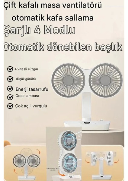 Masaüstü Dijital Ekranlı Çift Fanlı LED Işıklı Soğutucu Fan Ev Ofis Şarjlı Vantilatör - Lisinya