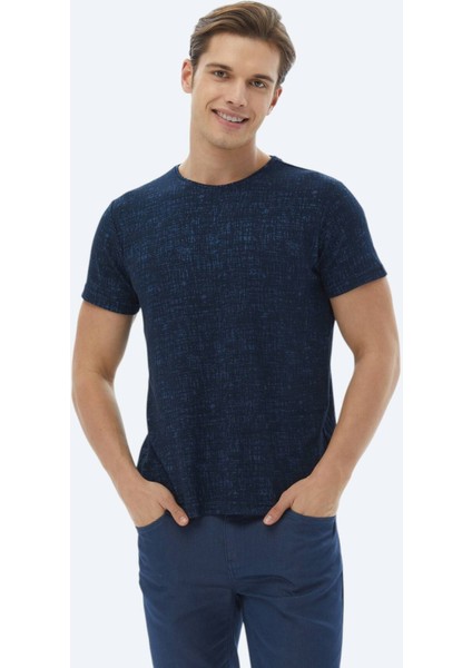 Lacivert Jakarlı Bisiklet Yaka Pamuk Karışımlı T-Shirt