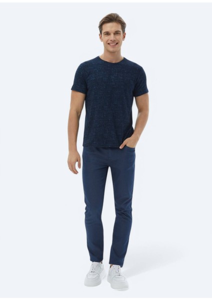 Lacivert Jakarlı Bisiklet Yaka Pamuk Karışımlı T-Shirt