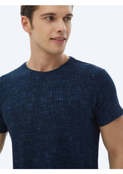 Lacivert Jakarlı Bisiklet Yaka Pamuk Karışımlı T-Shirt