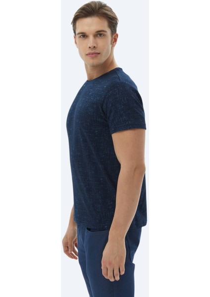 Lacivert Jakarlı Bisiklet Yaka Pamuk Karışımlı T-Shirt