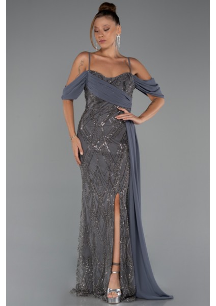 Omuz Dekolteli Yırtmaçlı Uzun Boncuklu Abiye ABU5316