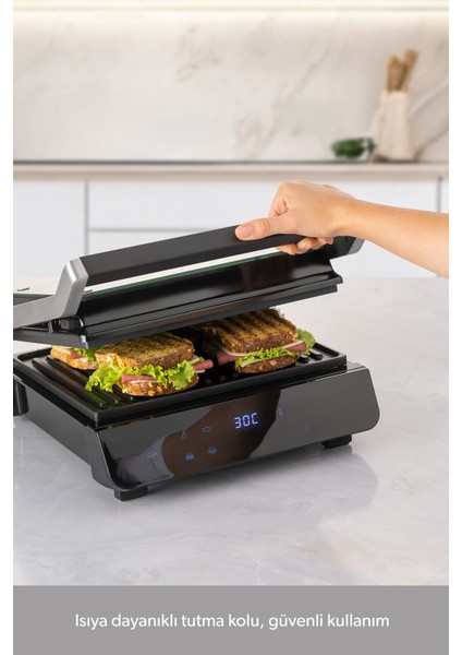 Cam Yüzeyli, 5 Programlı, Döküm Plakalı, Ledli Konuşan Tost ve Izgara Makinesi