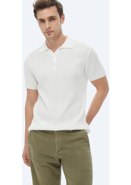Ekru Polo Yaka Jakarlı Triko