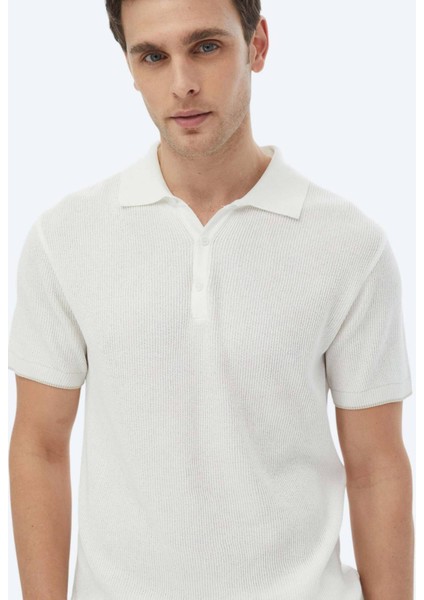 Ekru Polo Yaka Jakarlı Triko