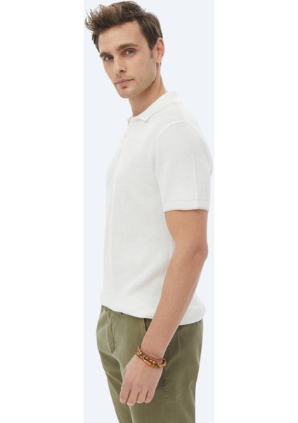 Ekru Polo Yaka Jakarlı Triko