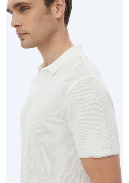 Ekru Polo Yaka Jakarlı Triko