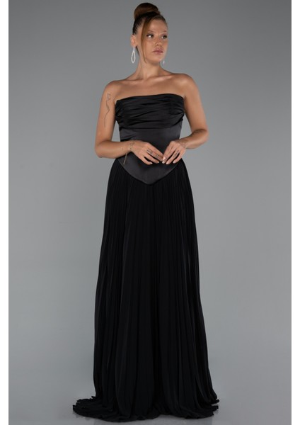 Saten Straplez Yaka Uzun Şifon Abiye ABU5321