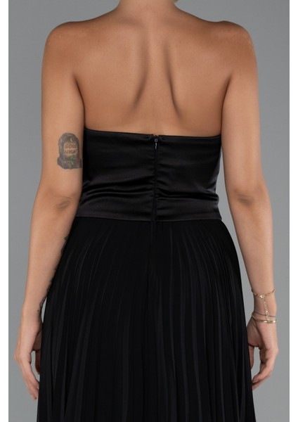 Saten Straplez Yaka Uzun Şifon Abiye ABU5321 fırsatları