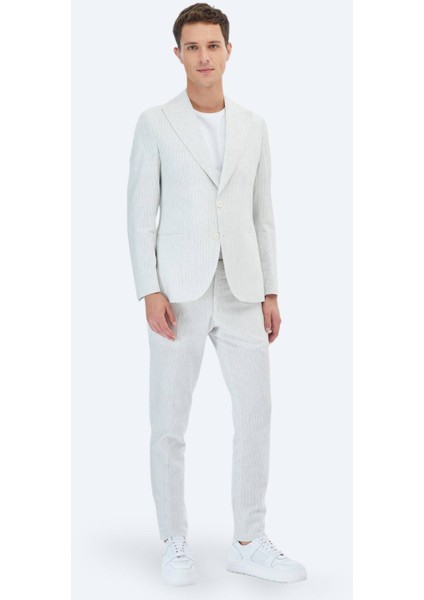 Ekru Çizgili Slim Fit Pamuk Karışımlı Takım Elbise