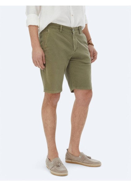 Haki Dokuma Slim Fit Casual Pamuk Karışımlı Bermuda