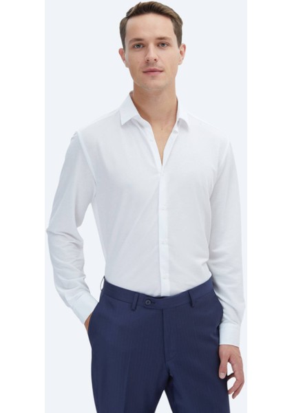 Beyaz Düz Regular Fit Casual Pamuk Karışımlı Gömlek