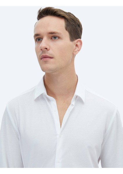 Beyaz Düz Regular Fit Casual Pamuk Karışımlı Gömlek