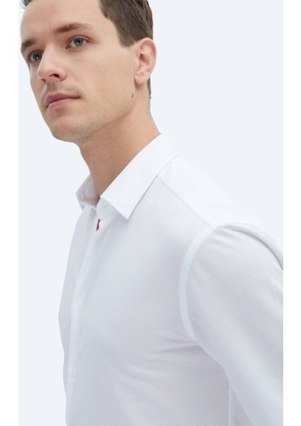 Beyaz Düz Regular Fit Casual Pamuk Karışımlı Gömlek