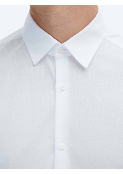 Beyaz Düz Regular Fit Casual Pamuk Karışımlı Gömlek