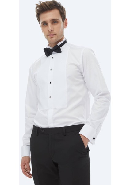 Beyaz Düz Slim Fit Duble Manşet Ata Yaka Smokin Gömlek
