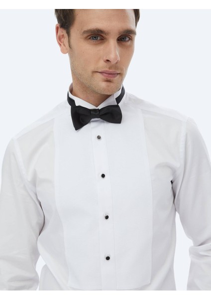 Beyaz Düz Slim Fit Duble Manşet Ata Yaka Smokin Gömlek