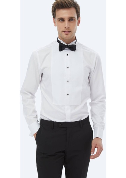 Beyaz Düz Slim Fit Duble Manşet Ata Yaka Smokin Gömlek